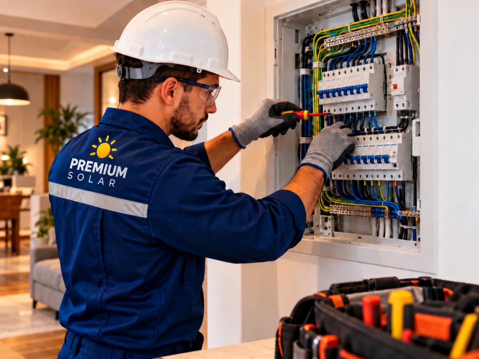 Técnico da Premium Solar realizando manutenção em quadro elétrico residencial