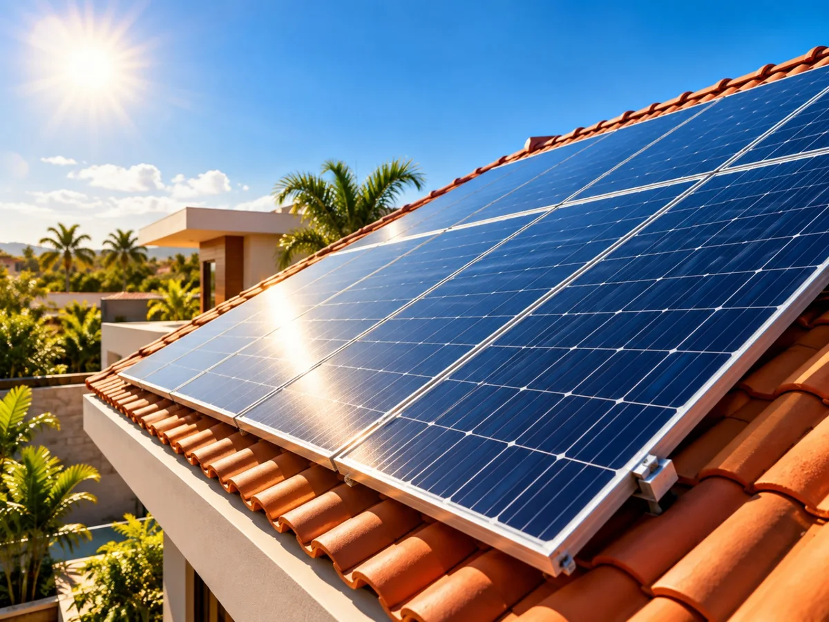 Painéis solares em telhado residencial sob sol forte